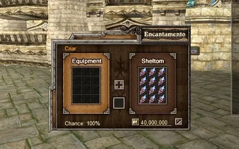 Janela de Encantamento com 12 Crystal Fragment na grade, chance de 100% e custo de 40.000.000