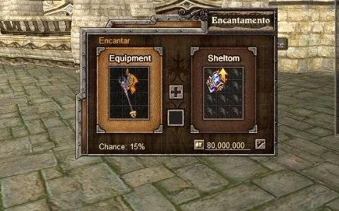 Janela de Encantamento com o item e o Enchantment Crystal, chance de 15% e custo de 80.000.000