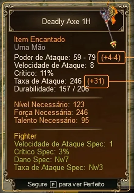 Tooltip da Deadly Axe 1H encantada, com +4 em Poder de Ataque e +31 em Taxa de Ataque destacados em laranja